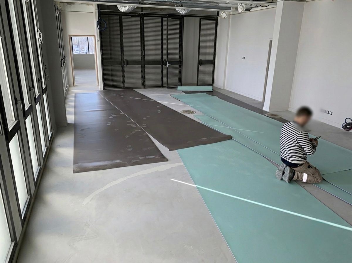 Mairie de quartier Balma — pose en cours — PVC collé soudure à chaud à Balma